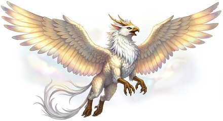 光り輝く黄金の翼を広げ飛び立つ幻想のグリフィン神々しい輝きが周囲を満たし神秘的な美しさを放つ. AI Generated