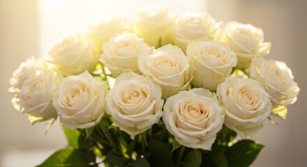 輝く純白のバラが柔らかな後光に包まれ美しく咲き誇るエレガントな花束その繊細な花びらが優しく輝きロマンチックな静寂を紡ぎ出す. AI Generated