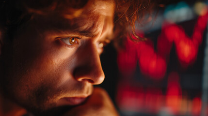 Intense Focus: A determined individual, immersed in thought, analyzes a screen. The image portrays concentration and deep thinking. 