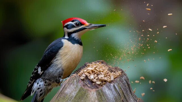Colorful woodpecker with striking red crest pecking at wood in a lush green environment, showcasing vibrant avian behavior