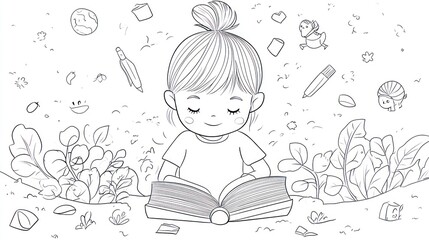 Young girl reading book surrounded by floating objects line art illustration