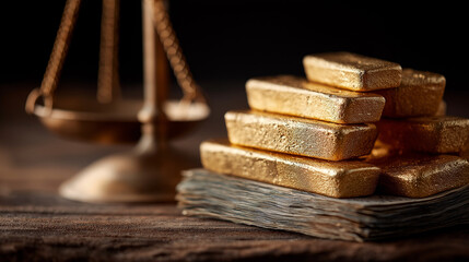 Golden Standard and Balance: A close-up shot captures the glint of gold bars stacked atop a bundle of paper money, next to an antique balance scale, symbolizing wealth, value, and financial judgment.