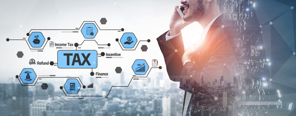 A business professional engages in a phone discussion about tax topics, surrounded by graphic...