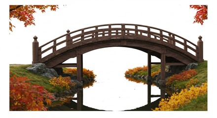 鮮やかな紅葉が彩る秋の情景美しいカーブを描く木製の太鼓橋白い背景で際立つ伝統的な日本の美. AI Generated
