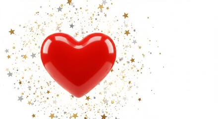 美しい光沢の赤いハートが白い背景に浮かび金色に輝く星々が喜びを祝うロマンチックな瞬間を捉える. AI Generated