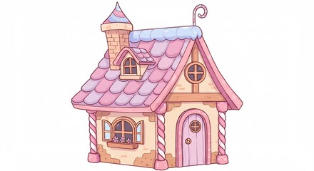 甘く可愛いパステルカラーの家が夢を彩る 妖精が住むようなメルヘンな建物が白い背景に魅力的に描かれている. AI Generated
