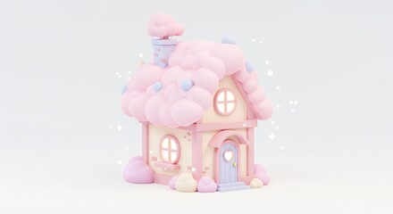 ふわふわの綿菓子のようなピンクの屋根が特徴的な可愛らしいお家 柔らかな光に包まれ窓から温かい光が漏れる幻想的な夢の世界を描く情景. AI Generated