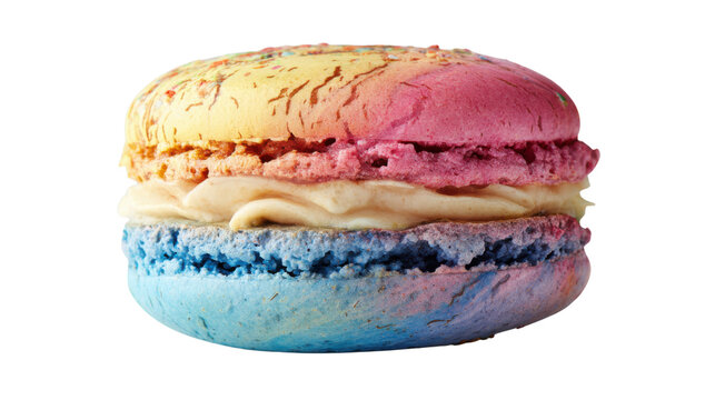 Colorful macaron sandwiching a cream filling, creating a gradient rainbow dessert sweet treat for celebration