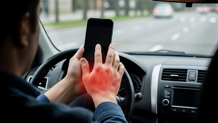 Distracted driver with painful hand using smartphone on the road, highlighting public safety risks