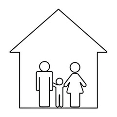 Simple black and white line art icon representing a nuclear family safely sheltered inside a house outline