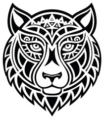 Fototapeta premium Intricate tribal wolf head illustration with geometric patterns and bold black lines