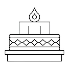 Simple black line art icon of a tiered birthday cake with a single flame candle on top
