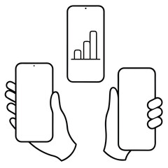 Three outline icons depicting hands holding smartphones one displaying a growing bar chart graphic interface