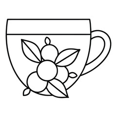 Simple black line art drawing of a teacup decorated with stylized berries and leaves for coloring