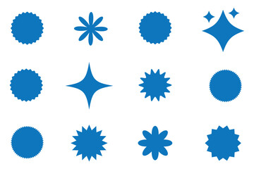 Set of yellow star burst shape tags for price. Circle sticker. Wavy edge promo badges. Blank sale stickers collection. Star vector icons
