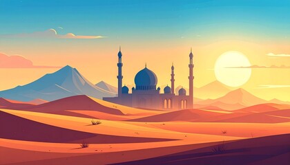 Obraz premium Minimalist Desert Landscape with Mosque at Sunset