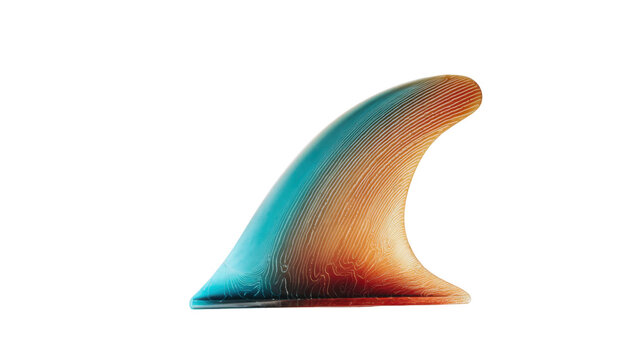 Surfboard fin with flowing topographic design and vibrant gradient colors, representing innovation in watersports equipment