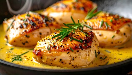 Close-up pan-seared chicken with rosemary and butter sauce. Rich texture, warm tones, appetizing steam, ideal for food marketing, cooking tutorials, and premium culinary visuals.