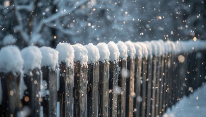 Snow-Covered Fence: A tranquil winter scene unfolds as a wooden fence, blanketed in a layer of pristine snow, stands amidst a gentle snowfall, creating a serene and picturesque landscape.