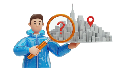 Man Searching City for Location with Magnifying Glass and Question Mark