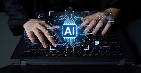 A futuristic AI core processor and system analytics dashboard. This concept highlights the raw processing power of AI for deep data analysis, system diagnostics, and global network monitoring. Fermion