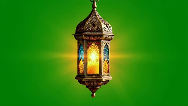 Traditional Islamic Lantern Glowing on a Vibrant Green Background.