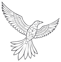 Obraz premium Stylized Outline Bird in Flight With Intricate Wing and Tail Feathers