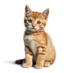 Obraz premium Adorable orange tabby kitten sitting on white background cute young ginger cat with striped fur looking alert at camera