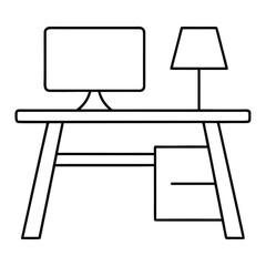 Simple black line art icon representing a modern computer desk setup with a monitor and lamp