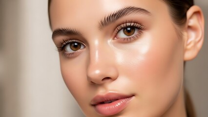 Fototapeta premium Close-up Portrait of a Beautiful Young Woman with Radiant, Glowing Skin and Natural Makeup, Highlighting Her Fresh, Healthy Complexion and Glossy Lips