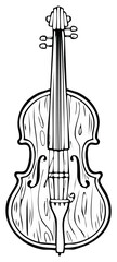 Fototapeta premium Black and white illustration of a contrabass instrument with wooden texture and details.