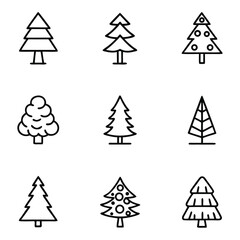 Collection of nine distinct black line art icons representing various styles of evergreen and Christmas trees