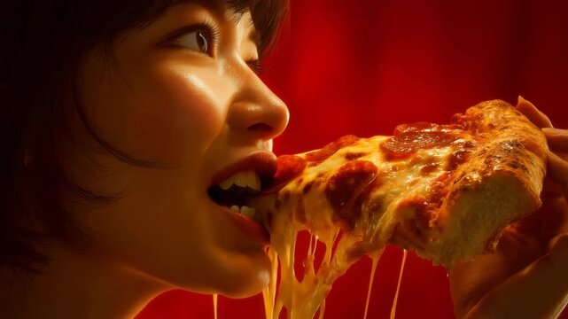 日本人女性がピザを食べる瞬間