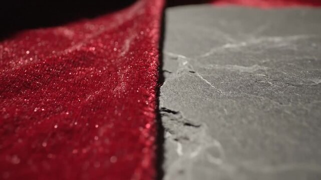 A close-up split composition of a red, textured surface with glitter and a rough, grey stone