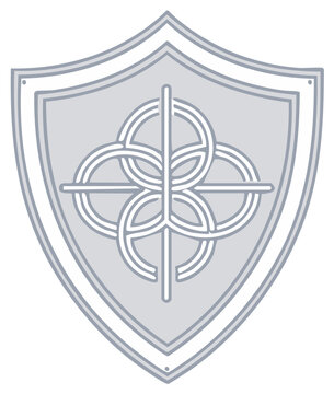 Stylized grey shield emblem with decorative intertwined circles and lines design