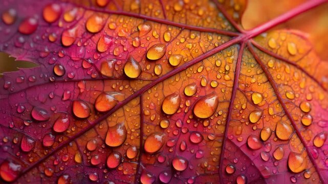 秋色のもみじの葉に残るきらめく透明な水滴たち
