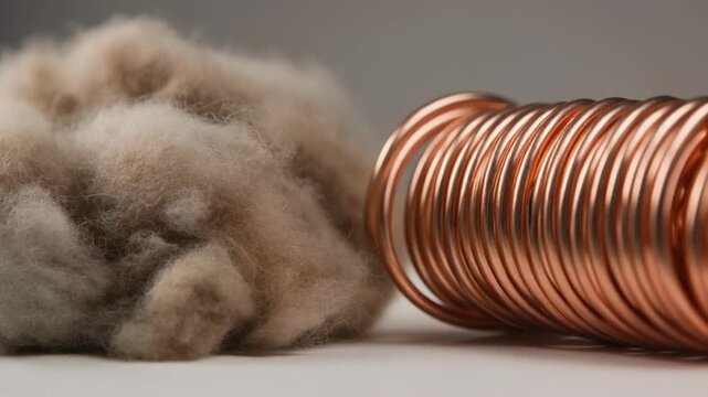 A close-up shot featuring a soft, fluffy material next to a tightly coiled copper wire