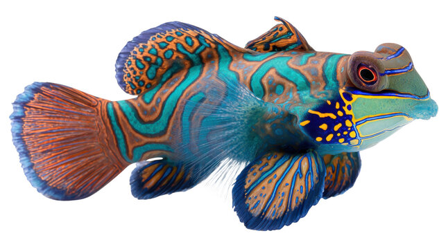 Mandarinfish swimming, vibrant dragonet fish with blue, orange, and green patterns, tropical marine life, transparent background