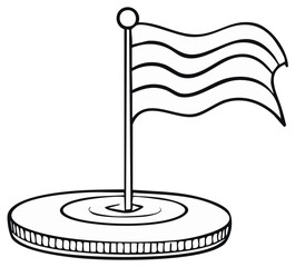Simple Line Drawing of a Waving Striped Flag on a Pole in a Round Base