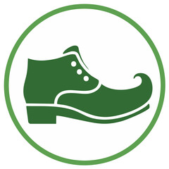 Green stylized elf shoe icon with ornate curved toe inside a green circle border