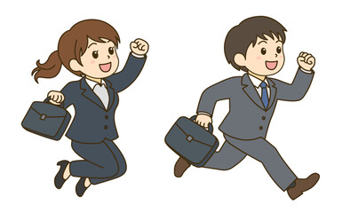 元気な新社会人の男女ベクターイラスト（走る・ジャンプ・ガッツポーズ）