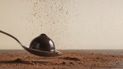Close up of dark chocolate truffle on a spoon with falling cocoa powder explosion on neutral beige background for professional culinary advertising and minimalist food styling concept art