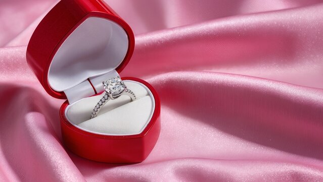 Elegant diamond engagement ring in a red heart shaped velvet box placed on a luxurious pink silk fabric with soft ripples for marriage proposal and Valentines Day jewelry advertisement needs.