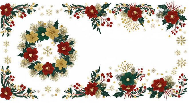 Festlicher Winter Blumenkranz und Rahmen elegante Weihnachtsdekoration mit roten Bl�ten goldenen Akzenten. AI Generated