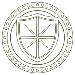 Ornate shield and cross symbol inside a circular medallion with dot pattern