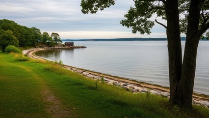 Fototapeta premium Scenic lakeside path isolated on white background