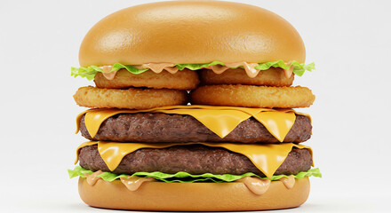 Gro�er Doppel Cheeseburger mit K�se Zwiebelringen Salat und Sauce appetitlich inszeniert in hellem Studio Licht. AI Generated