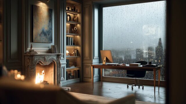 Luxurious Home Office with Fireplace and Rainy City View, Generative AI