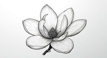 Elegante Magnolienbl�te als filigrane schwarzweisse Tuschezeichnung kunstvoll gezeichnet auf schlichtem hellem Hintergrund. AI Generated