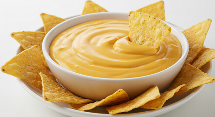 Goldene Tortilla-Chips werden in cremig-gelben K�se-Dip getaucht appetitliche Nahaufnahme in hellem Studiolicht.. AI Generated